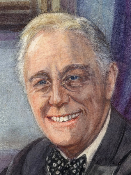 Franklin D. Roosevelt (FDR) Portrait Watercolour, Signed Beatrice S. Bullock, WWII Era, Inscribed Verso