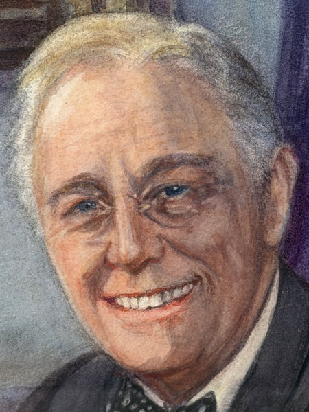Franklin D. Roosevelt (FDR) Portrait Watercolour, Signed Beatrice S. Bullock, WWII Era, Inscribed Verso