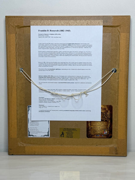 Franklin D. Roosevelt (FDR) Portrait Watercolour, Signed Beatrice S. Bullock, WWII Era, Inscribed Verso