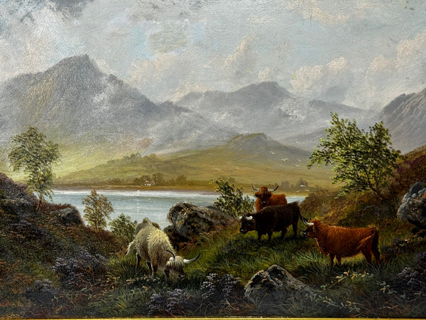 🐄 Victorian Oil Painting Beneath Ben Nevis Longhorn Cattle by Loch Linnhe