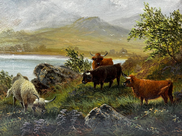 🐄 Victorian Oil Painting Beneath Ben Nevis Longhorn Cattle by Loch Linnhe