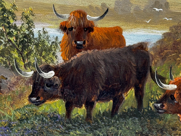 🐄 Victorian Oil Painting Beneath Ben Nevis Longhorn Cattle by Loch Linnhe