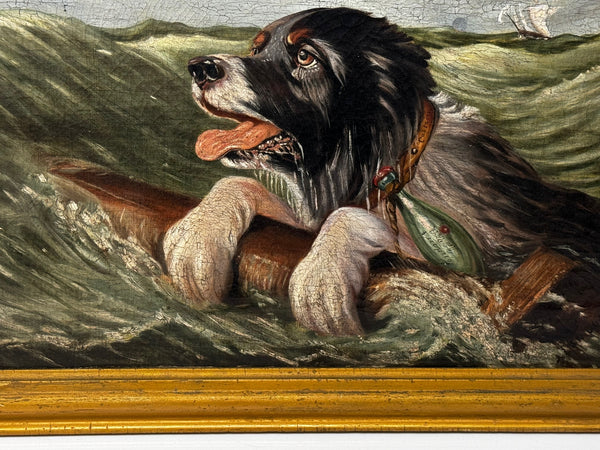 Marine Oil Painting Saint Bernard Dog Swamped Shipwrecked Approaching New York