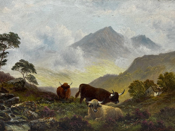 🌄 First Light over Ben Lawers: Highland Cattle Beside Loch Tay By Tom Seymour Oil on Canvas C1880