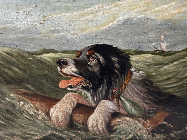 Marine Oil Painting Saint Bernard Dog Swamped Shipwrecked Approaching New York