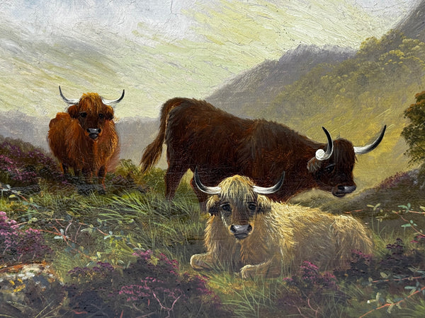 🌄 First Light over Ben Lawers: Highland Cattle Beside Loch Tay By Tom Seymour Oil on Canvas C1880