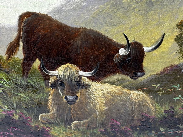 🌄 First Light over Ben Lawers: Highland Cattle Beside Loch Tay By Tom Seymour Oil on Canvas C1880