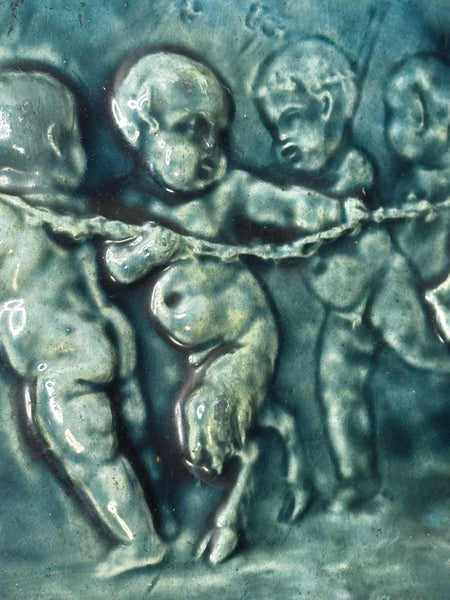 🌊 Pair of Arts & Crafts Turquoise Relief Tile Plaque Sculptures, c.1909 Attributed Reginald Robert Tomlinson