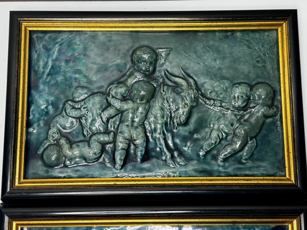 🌊 Pair of Arts & Crafts Turquoise Relief Tile Plaque Sculptures, c.1909 Attributed Reginald Robert Tomlinson