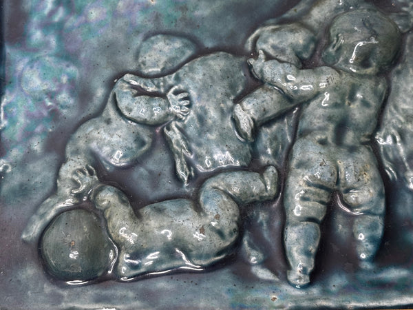 🌊 Pair of Arts & Crafts Turquoise Relief Tile Plaque Sculptures, c.1909 Attributed Reginald Robert Tomlinson