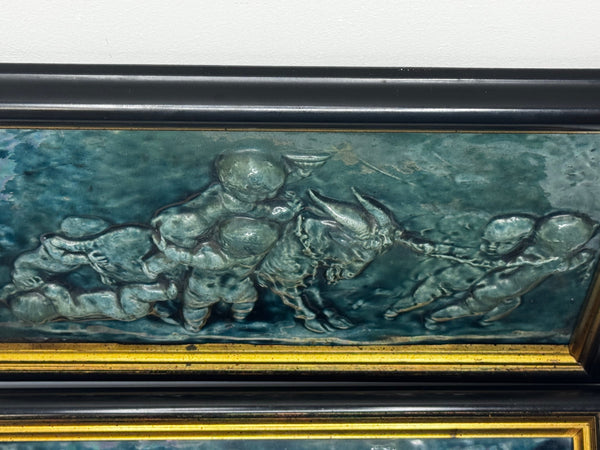🌊 Pair of Arts & Crafts Turquoise Relief Tile Plaque Sculptures, c.1909 Attributed Reginald Robert Tomlinson
