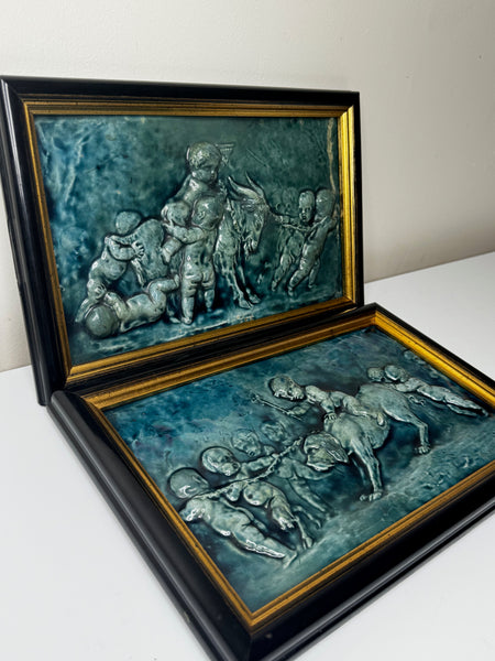 🌊 Pair of Arts & Crafts Turquoise Relief Tile Plaque Sculptures, c.1909 Attributed Reginald Robert Tomlinson