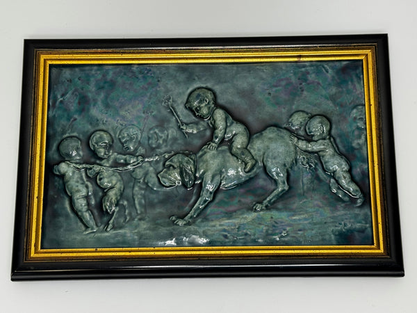 🌊 Pair of Arts & Crafts Turquoise Relief Tile Plaque Sculptures, c.1909 Attributed Reginald Robert Tomlinson