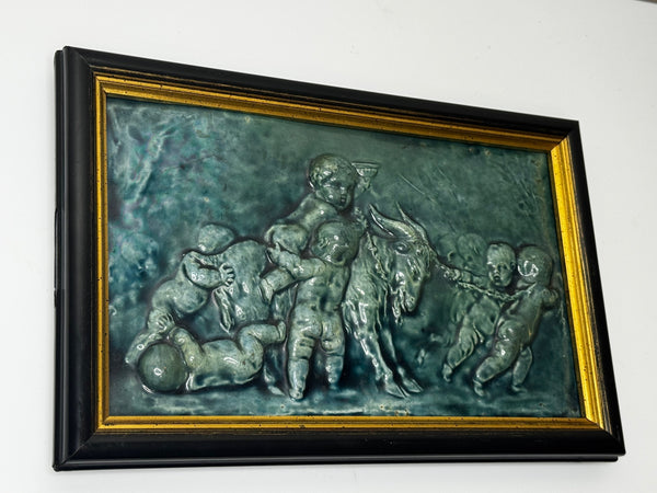 🌊 Pair of Arts & Crafts Turquoise Relief Tile Plaque Sculptures, c.1909 Attributed Reginald Robert Tomlinson