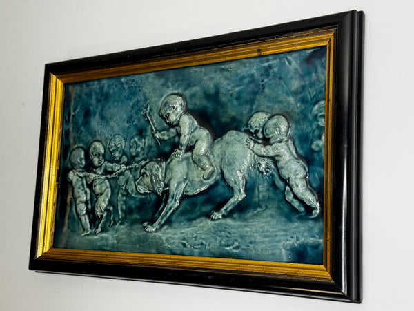 🌊 Pair of Arts & Crafts Turquoise Relief Tile Plaque Sculptures, c.1909 Attributed Reginald Robert Tomlinson