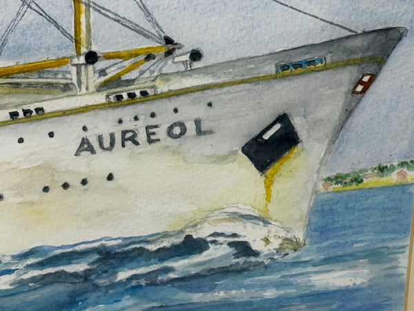Marine Painting Ocean Liner MV Aureol Approaching Freetown Port Sierra Leone