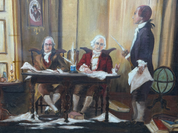 Oil Portrait Declaration of Independence – Benjamin Franklin, John Adams & Thomas Jefferson, Historic Americana Oil Painting After Jean Leon Gerome Ferris