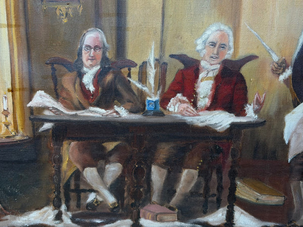 Oil Portrait Declaration of Independence – Benjamin Franklin, John Adams & Thomas Jefferson, Historic Americana Oil Painting After Jean Leon Gerome Ferris
