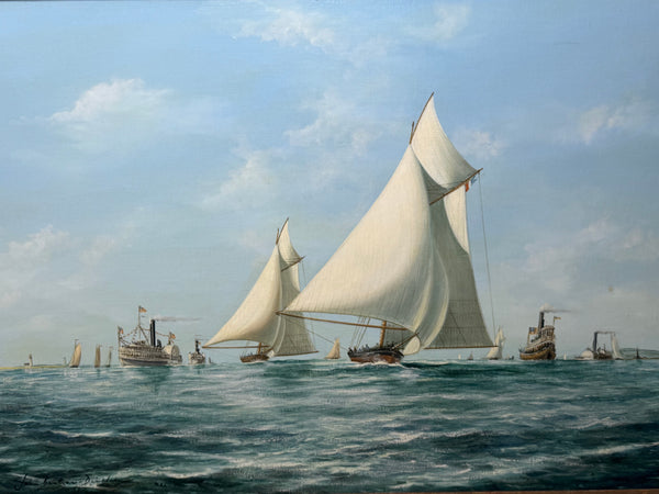 America's Cup Marine Oil Painting Depicting Mischief & Atalanta at the Start of the 1881 Race Signed John Bentham-Dinsdale