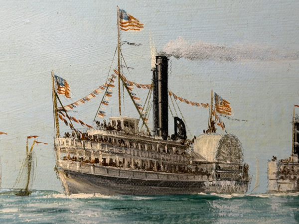 America's Cup Marine Oil Painting Depicting Mischief & Atalanta at the Start of the 1881 Race Signed John Bentham-Dinsdale
