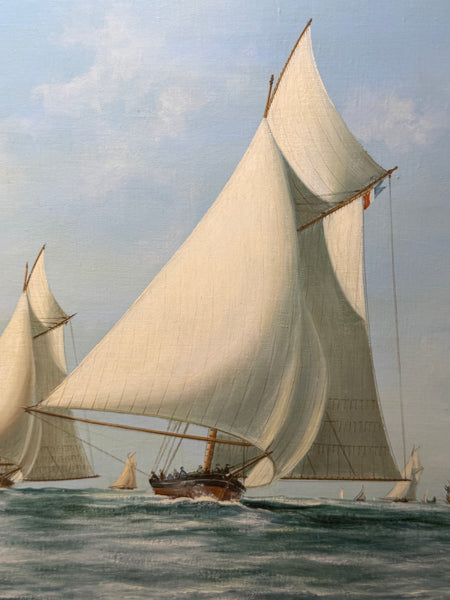 America's Cup Marine Oil Painting Depicting Mischief & Atalanta at the Start of the 1881 Race Signed John Bentham-Dinsdale