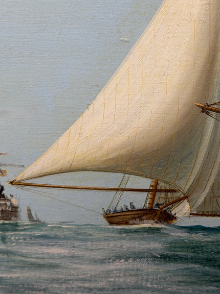 America's Cup Marine Oil Painting Depicting Mischief & Atalanta at the Start of the 1881 Race Signed John Bentham-Dinsdale