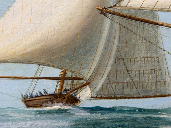 America's Cup Marine Oil Painting Depicting Mischief & Atalanta at the Start of the 1881 Race Signed John Bentham-Dinsdale