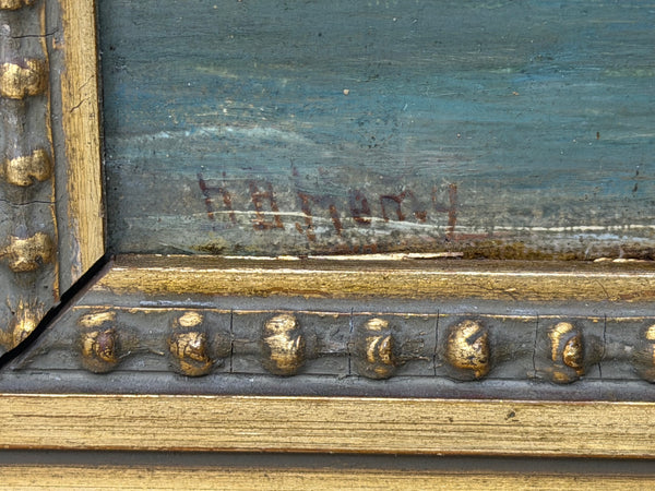 19th Century Oil Painting North Shields Harbour, River Tyne, with The Old Low Light Lighthouse