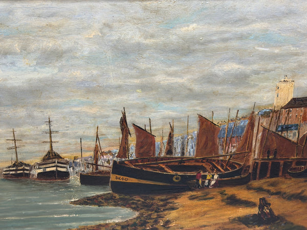 19th Century Oil Painting North Shields Harbour, River Tyne, with The Old Low Light Lighthouse