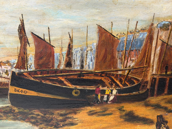 19th Century Oil Painting North Shields Harbour, River Tyne, with The Old Low Light Lighthouse