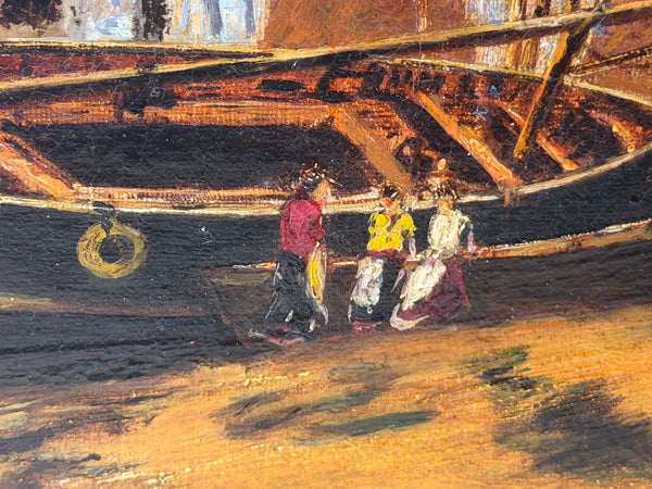 19th Century Oil Painting North Shields Harbour, River Tyne, with The Old Low Light Lighthouse