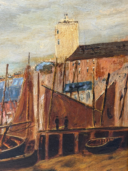 19th Century Oil Painting North Shields Harbour, River Tyne, with The Old Low Light Lighthouse