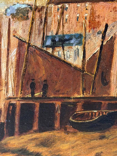 19th Century Oil Painting North Shields Harbour, River Tyne, with The Old Low Light Lighthouse