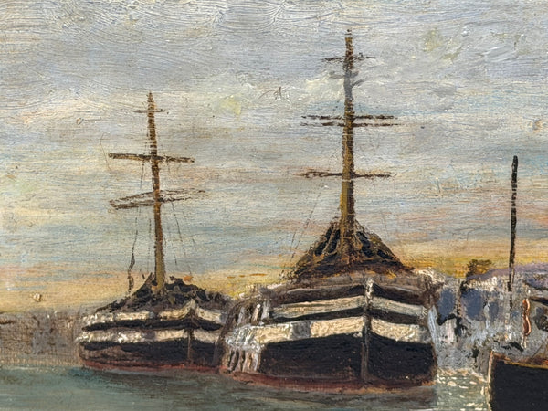 19th Century Oil Painting North Shields Harbour, River Tyne, with The Old Low Light Lighthouse