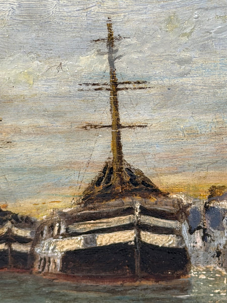 19th Century Oil Painting North Shields Harbour, River Tyne, with The Old Low Light Lighthouse