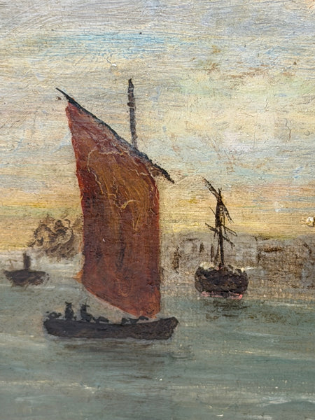 19th Century Oil Painting North Shields Harbour, River Tyne, with The Old Low Light Lighthouse