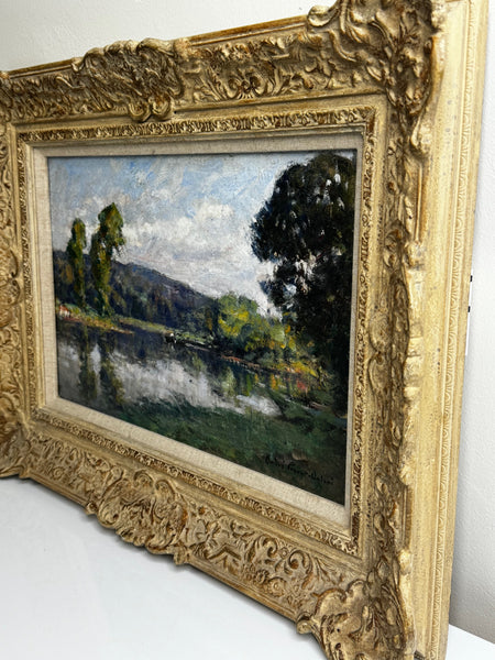 Impressionist Oil Painting Fishing River Orne Normandy France By André Prévot-Valéri