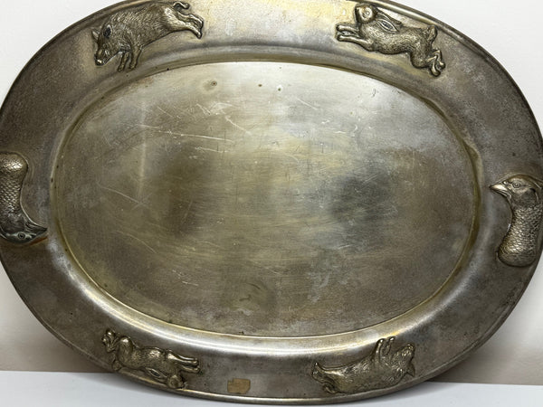 🦌 Antique Danish Silver Plate Repoussé Hunting Game Platter, c.1880s – Attributed to the Style of Cohr