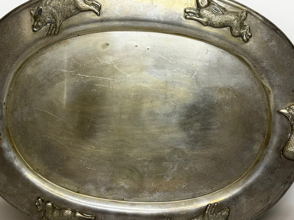 🦌 Antique Danish Silver Plate Repoussé Hunting Game Platter, c.1880s – Attributed to the Style of Cohr