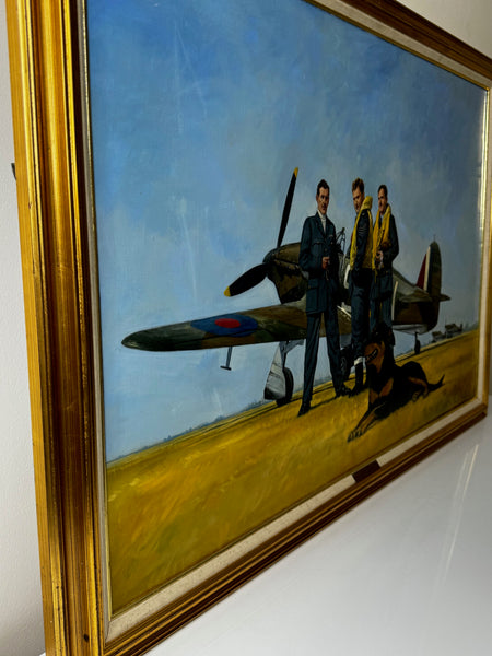 Oil Painting Battle Of Britain WW2 RAF Pilots Ready For Takeoff Biggin Hill Airfield
