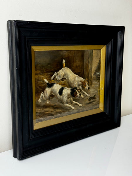 Victorian Hunting Oil Painting Two Jack Russell Terrier Dogs Chasing Rat In Barn