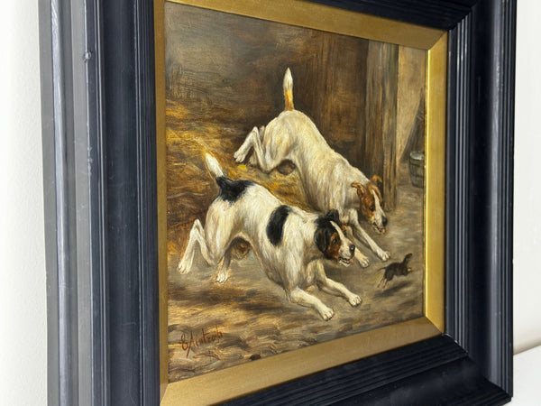 Victorian Hunting Oil Painting Two Jack Russell Terrier Dogs Chasing Rat In Barn