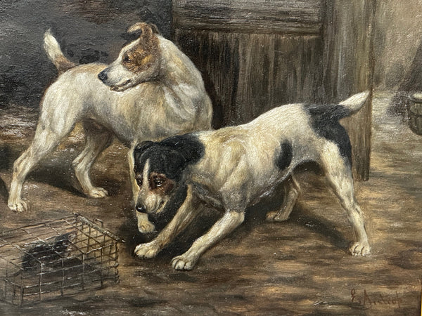 Jack Russell Terrier Dogs Ratting In Barn Guarding Caged Rat By Edward Aistrop