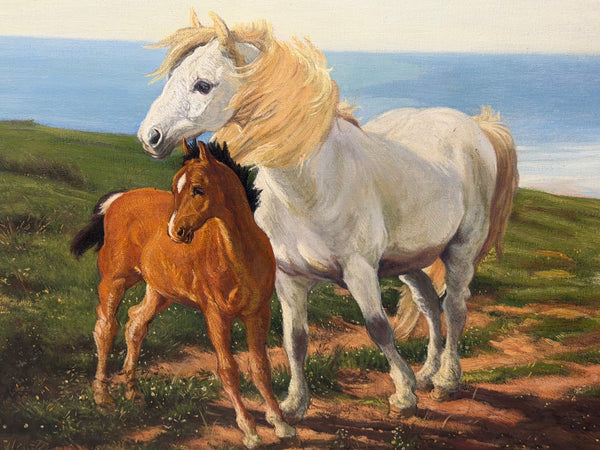 Oil Painting Grey Mare Standing Beside Chestnut Foal Mother and Son
