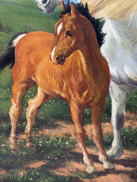 Oil Painting Grey Mare Standing Beside Chestnut Foal Mother and Son