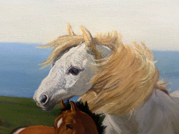 Oil Painting Grey Mare Standing Beside Chestnut Foal Mother and Son