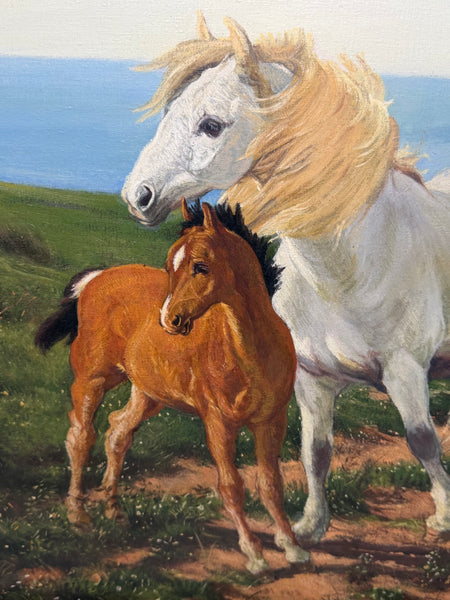 Oil Painting Grey Mare Standing Beside Chestnut Foal Mother and Son