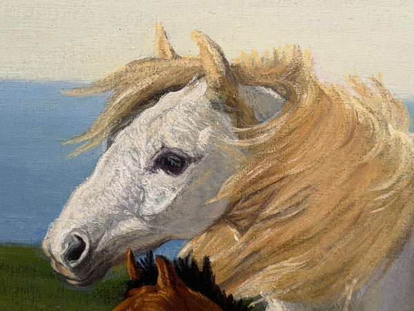 Oil Painting Grey Mare Standing Beside Chestnut Foal Mother and Son