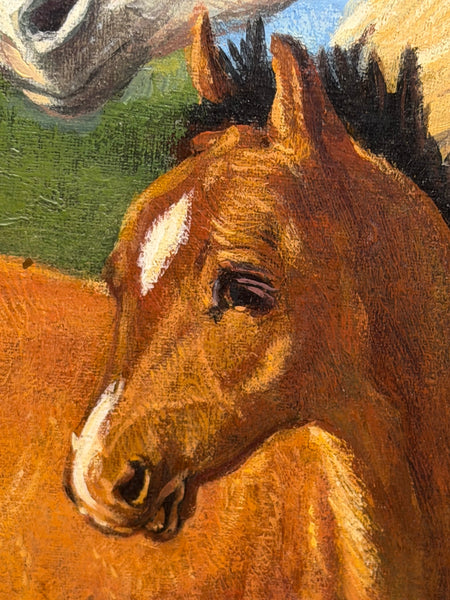 Oil Painting Grey Mare Standing Beside Chestnut Foal Mother and Son