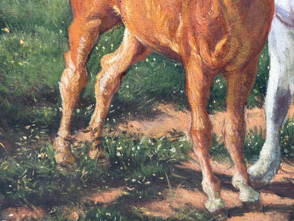 Oil Painting Grey Mare Standing Beside Chestnut Foal Mother and Son